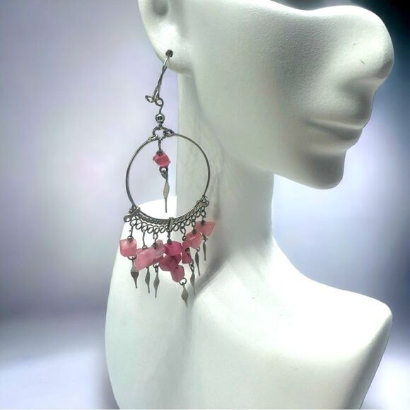 💄Rose Quartz💄 Handcrafted Peruvian Gemstone Chandelier Earrings l 4” l EUC - Picture 1 of 8